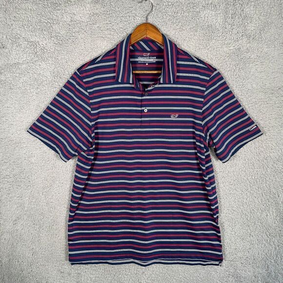 Vineyard Vines Polo Shirt Performance Golf Red White Blue Stripe Medium - Picture 1 of 9